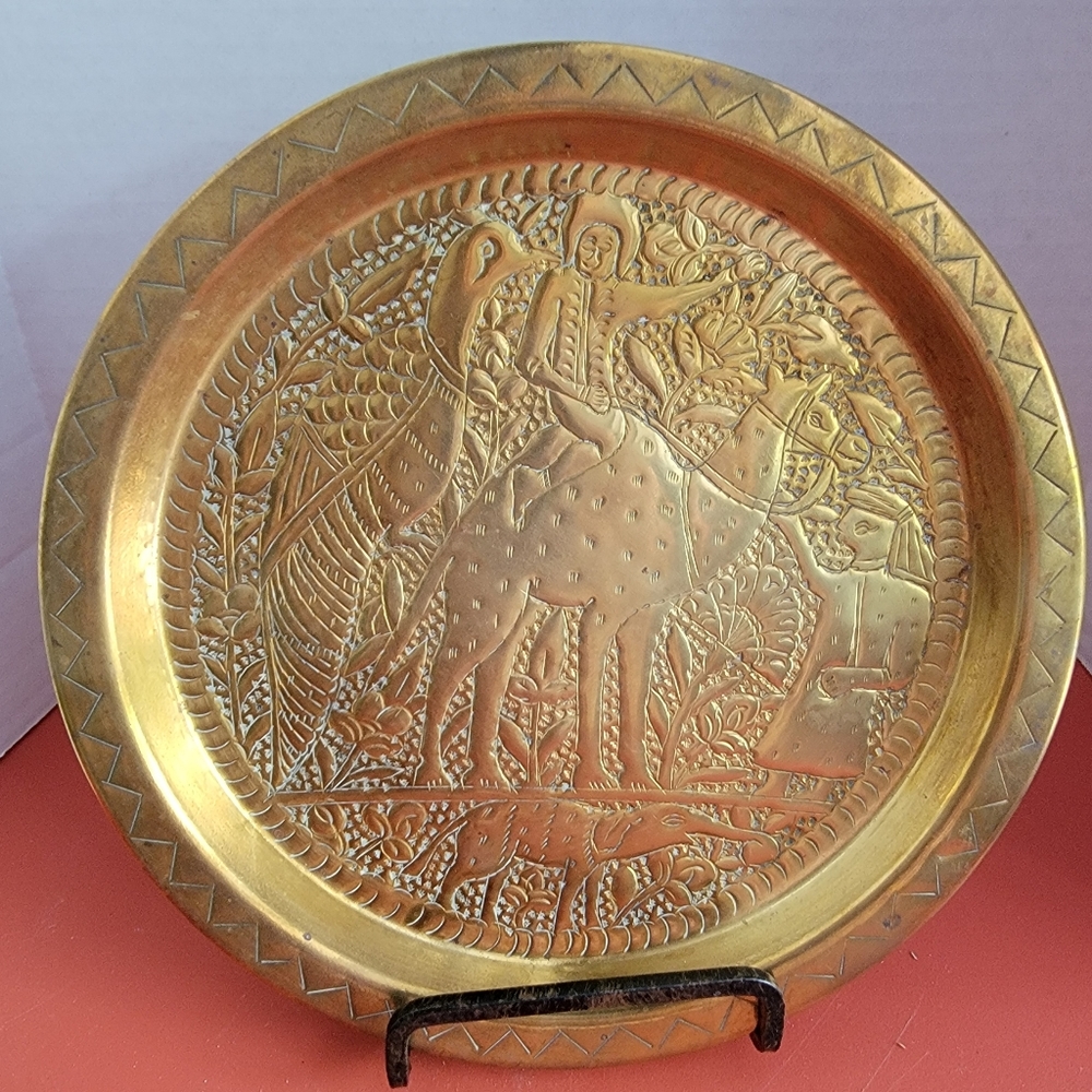 Antique  Persian Mamluk (?) Engraved Brass Plate w/ Royalty astride a Camel